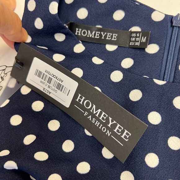 Homeyee Polka Dot Dress Womens 6 Navy Sleeveless Fit & Flare Floral Lace Detail - Picture 8 of 12